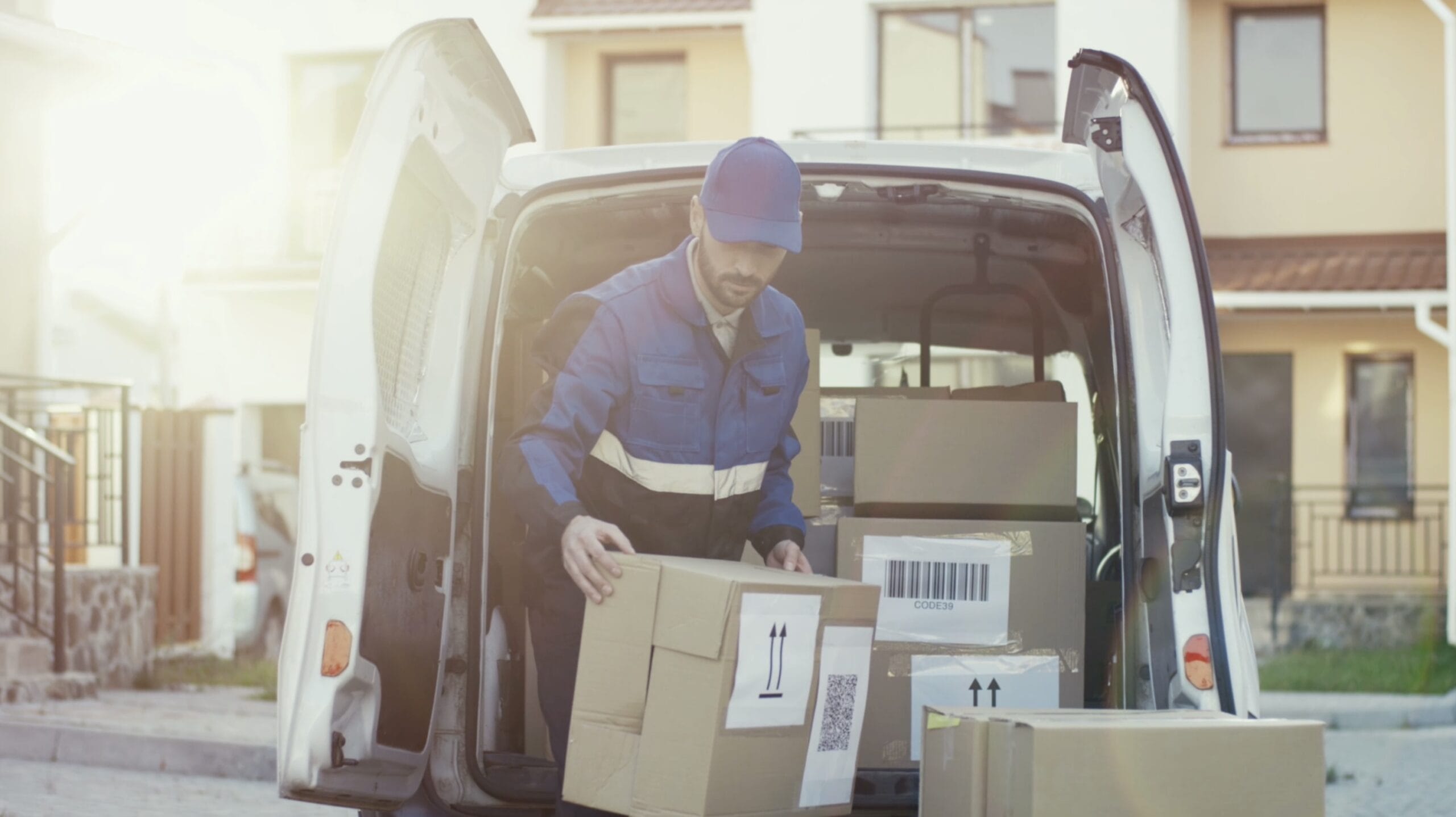 Delivery person unloading boxes from a van in a residential area