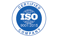 ISO 9001:2015 certified company logo in blue and white