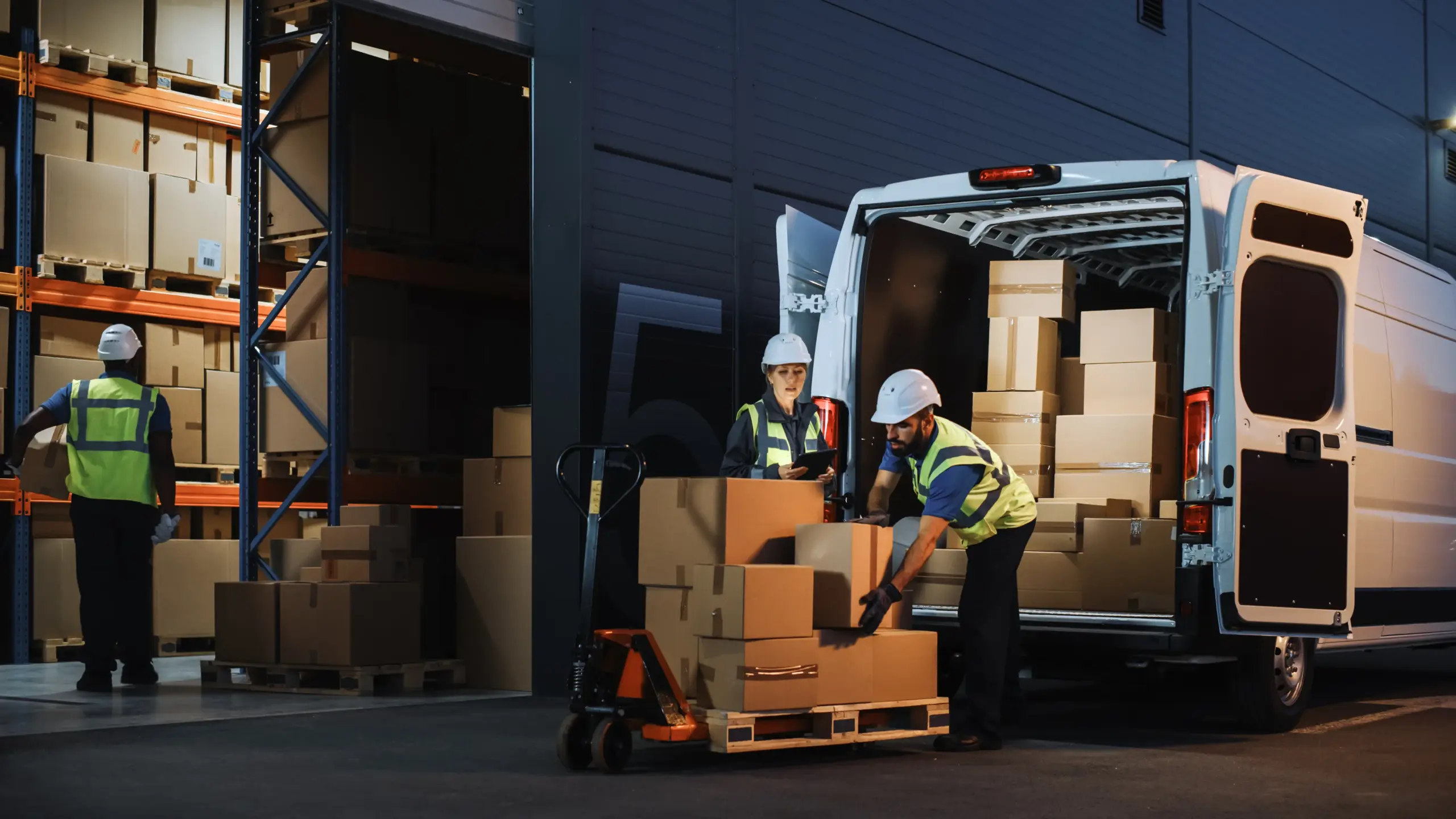Workers unloading boxes from a delivery van in a warehouse setting