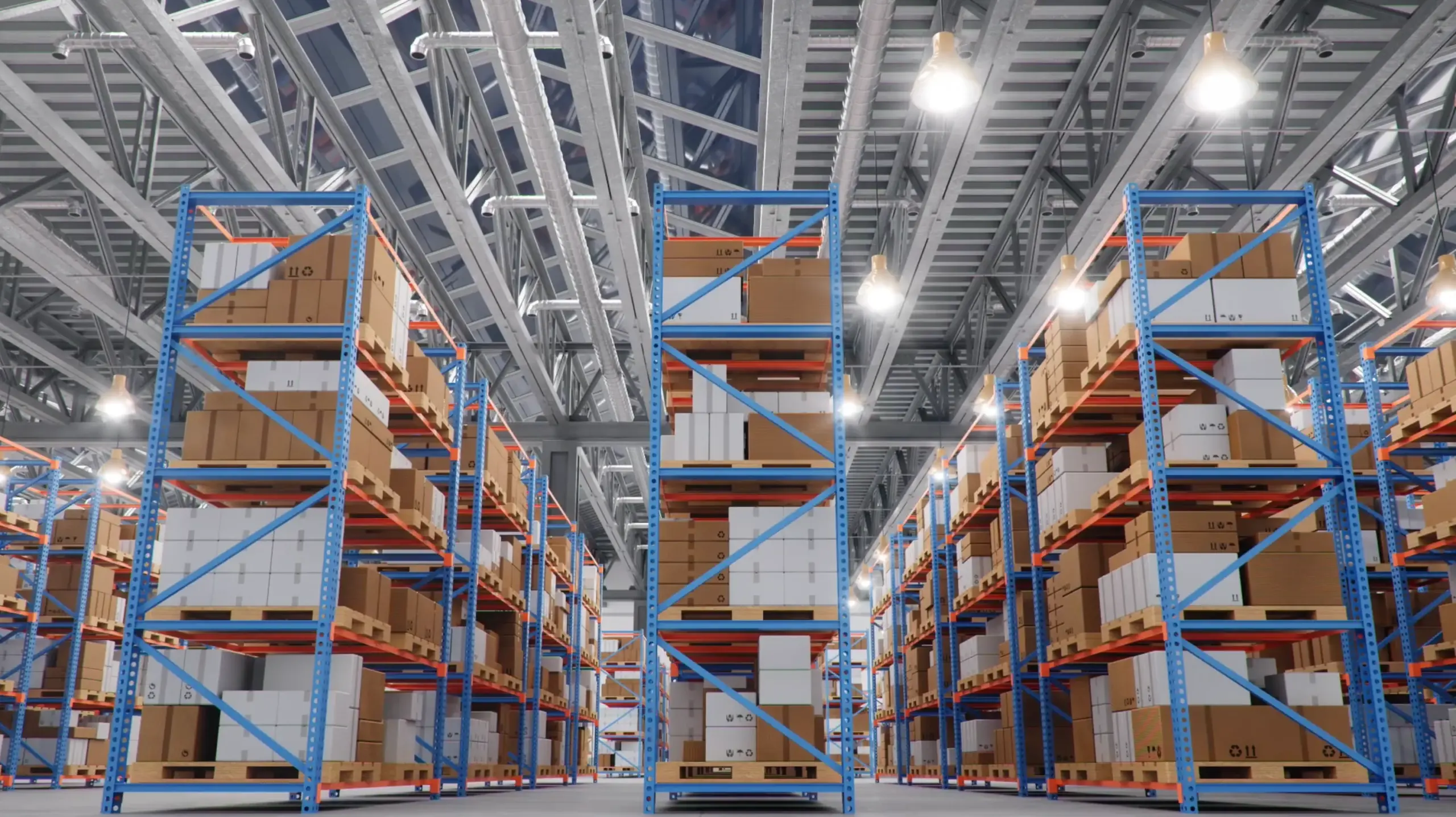 Warehouse interior with tall shelving units filled with cardboard boxes