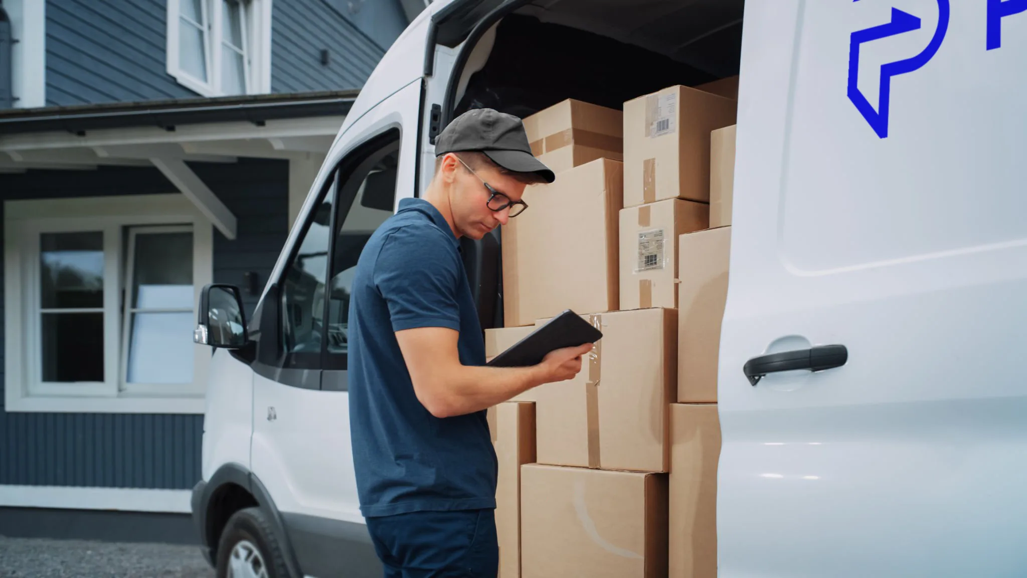Delivery person checking a tablet next to stacked boxes in a van
