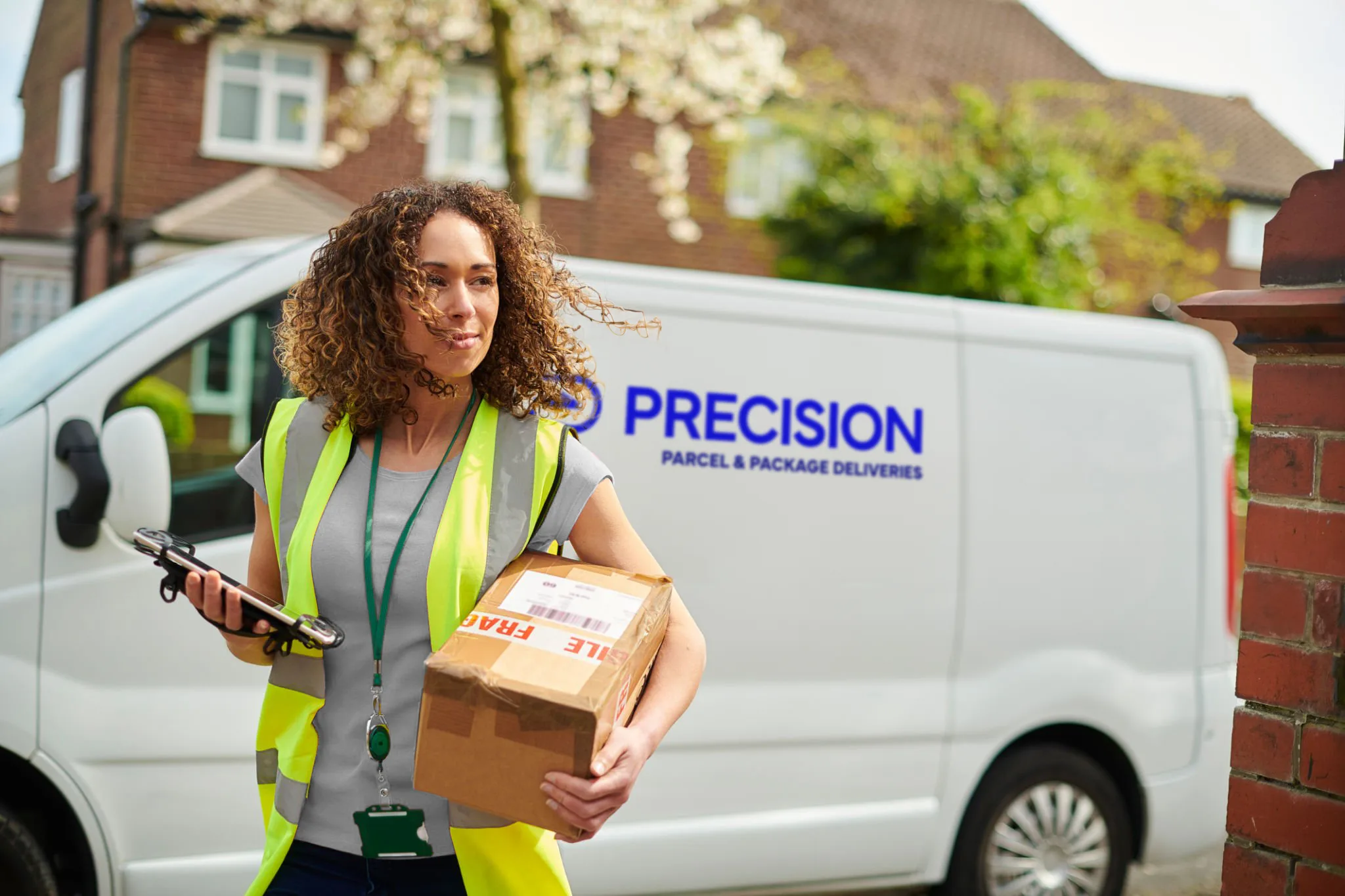 Delivery person in a yellow vest holding a package near a van