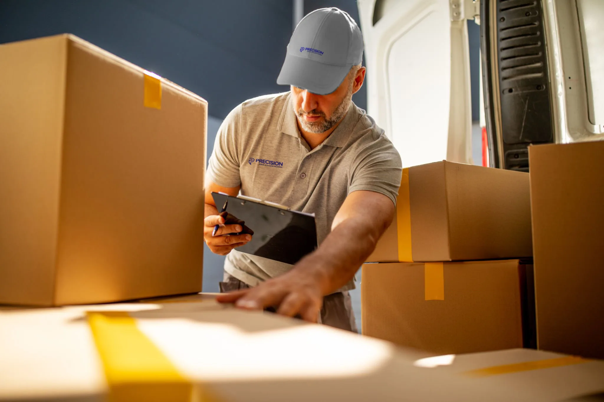 Delivery worker scanning packages inside a van filled with cardboard boxes